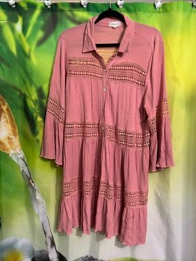 Boho Pink Crochet-Trim Button Front Dress